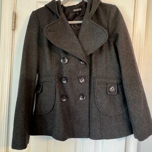 GUESS Women's Gray Peacoat Wool Jacket for Women, Hooded - Size L Gray Coat